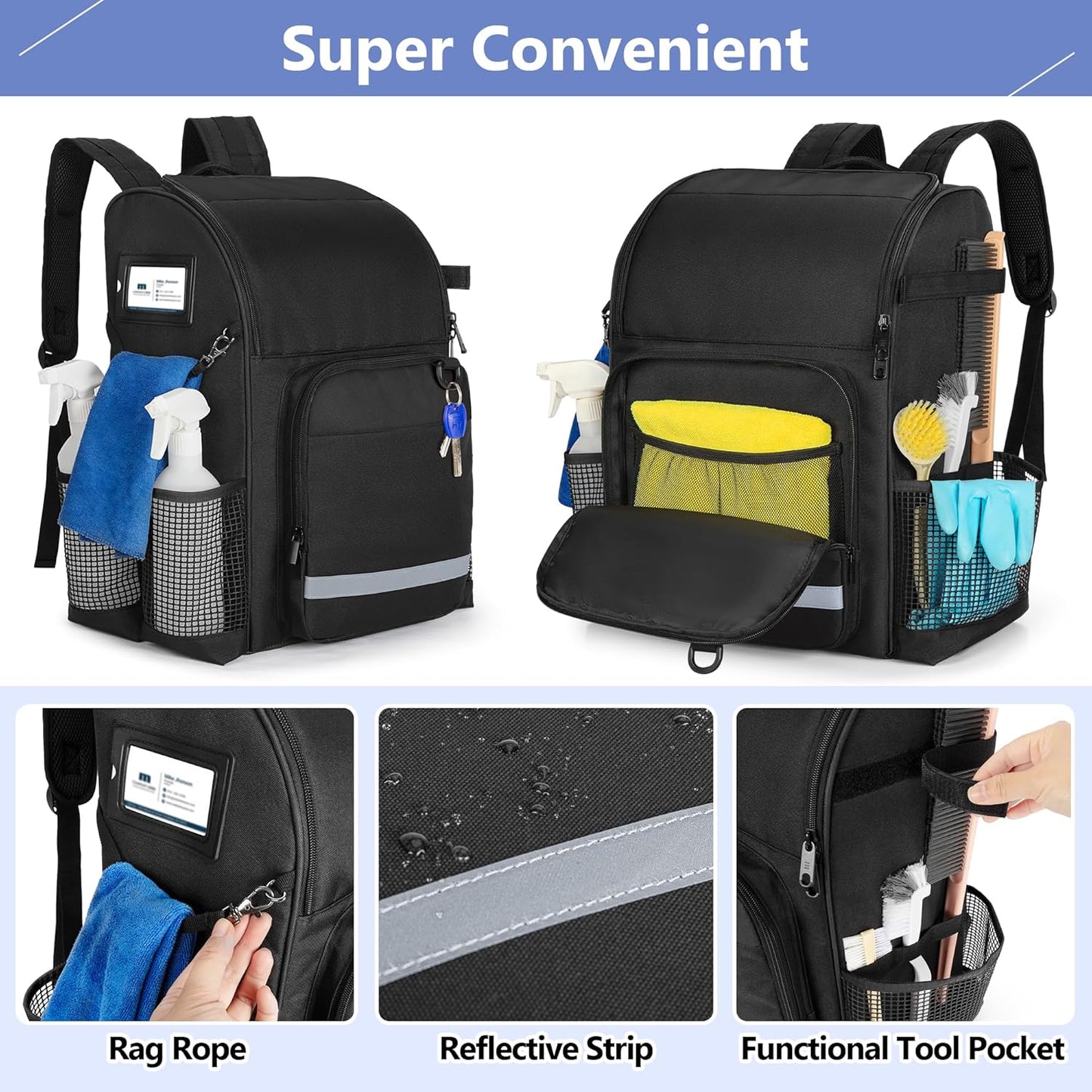 LoDrid Cleaning Bag with Thickened Adjustable Shoulder Straps, Large Cleaning Caddy Organizer with Multiple Pockets for Cleaning and Housework, Black (Patent Designed)