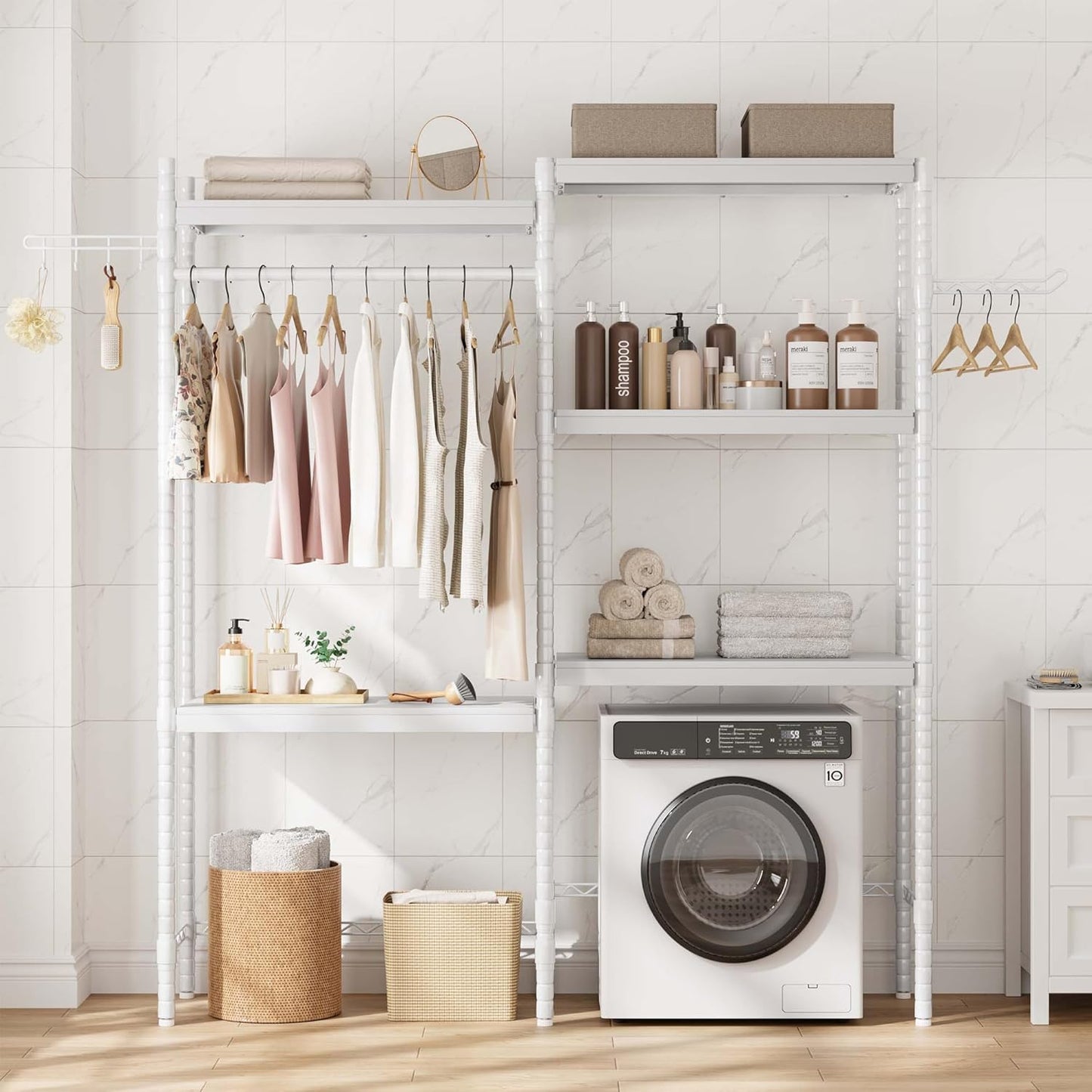 Garvee 30 in 5-Tier Over-The-Washer Shelf – Adjustable Height Laundry Organizer with Double-Layer Wood Shelves (100 LB Capacity), Space-Saving Storage for Bathroom, Laundry Room, Balcony (White)