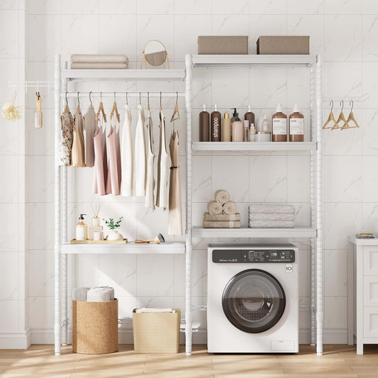 Garvee 30 in 5-Tier Over-The-Washer Shelf – Adjustable Height Laundry Organizer with Double-Layer Wood Shelves (100 LB Capacity), Space-Saving Storage for Bathroom, Laundry Room, Balcony (White)