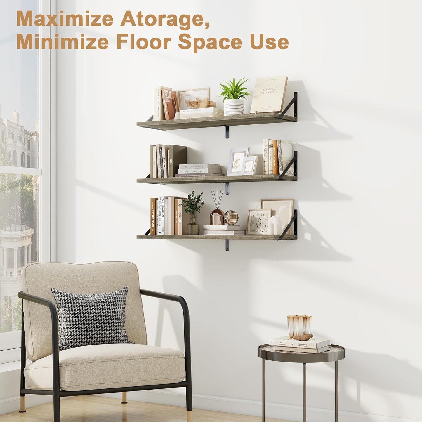 Fun Memories Floating Shelves, 32 x 8 Inches, Set of 3 Wall-Mounted Bookshelves with Metal Brackets, Decorative Storage for Home and Office (Grey)