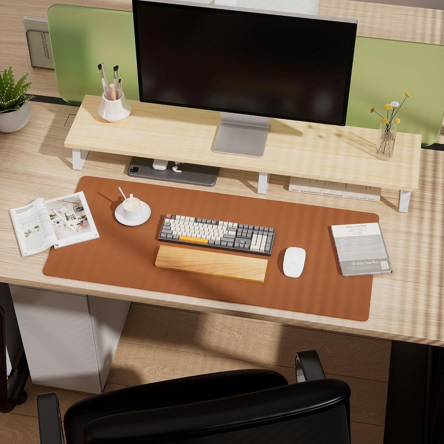 Aothia Double-Sided Desk Pad, 35.4" x 15.7"Leather Desk Mat, Eco Cork Desk Pad Protector,Large Mouse Pad,Waterproof Desk Blotter for Office/Home(Brown)