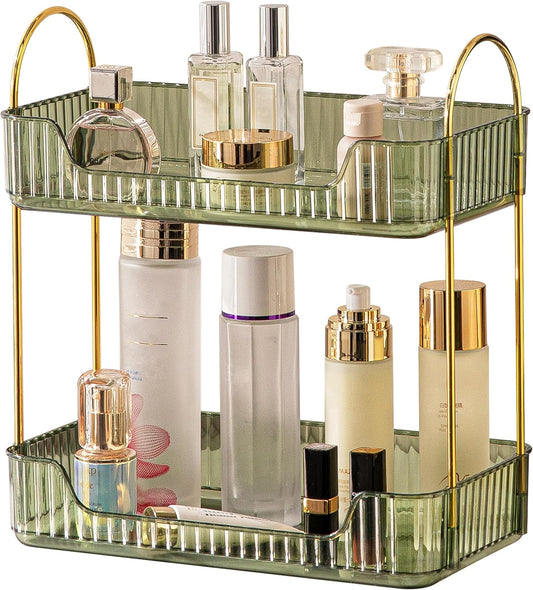 2 Tier Bathroom Organizer Countertop Makeup Perfume Tray Skincare Organizer for Bathroom Dresser Vanity (Green)