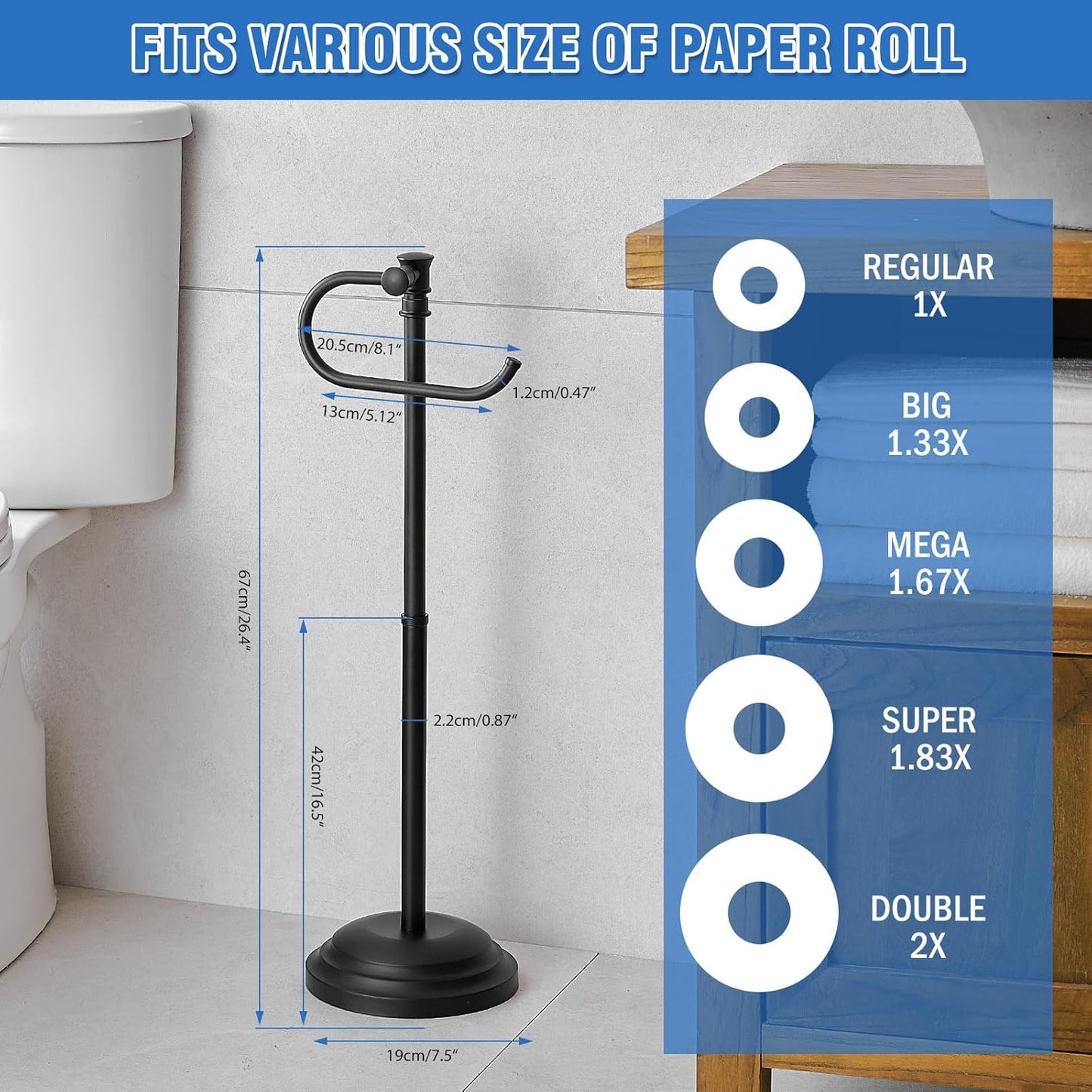 RUMOSE Toilet Paper Holder Stand for Floor,Matte Black Adjustable (12.4" to 22.8") Bathroom Toilet Tissue Holder, Free Standing Toilet Paper Roll Holder with Storage, Stainless Steel