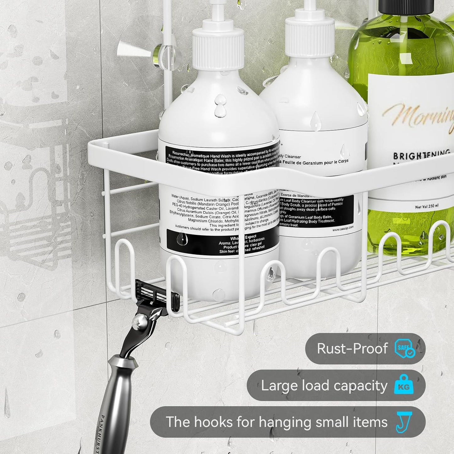 BYT Shower Caddy Hanging, Organizer Hanging for Bathroom, Shower Basket with Hooks, Shower Storage, Shelf, Rack No Drilling for Faucet or Cross Bar (White)