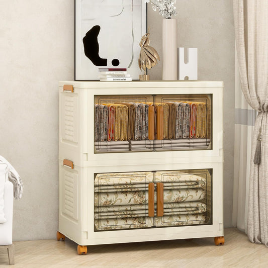 Plastic Stackable Storage Bins with Lids and Wheels, Foldable Closet Organizers and Storage Containers, Collapsible Clear Drawer Storage Cabinet with Doors White 76Gal