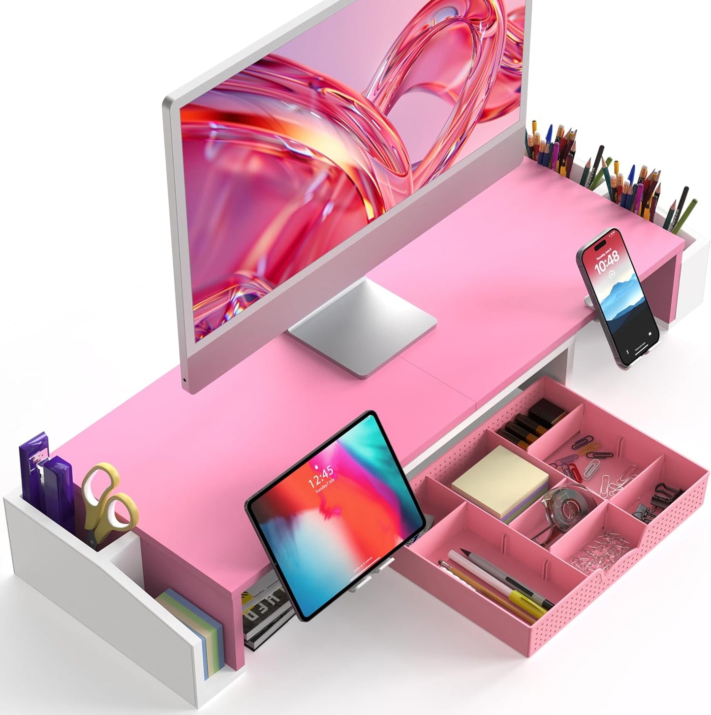 Simple Houseware Desk Dual Monitor Stand Riser with Drawer, Pink