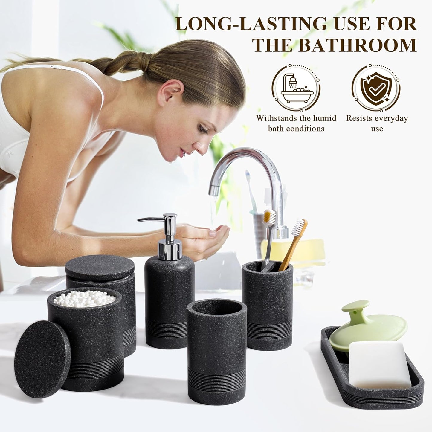 Bathroom Accessories Set, 6-Piece Bathroom Accessory Set, Toothbrush Holders Set, Soap Dispenser, Vanity Tray, Tumbler, Cotton Swab Jars, Bathroom Organizer for Modern Bathrooms(Black)