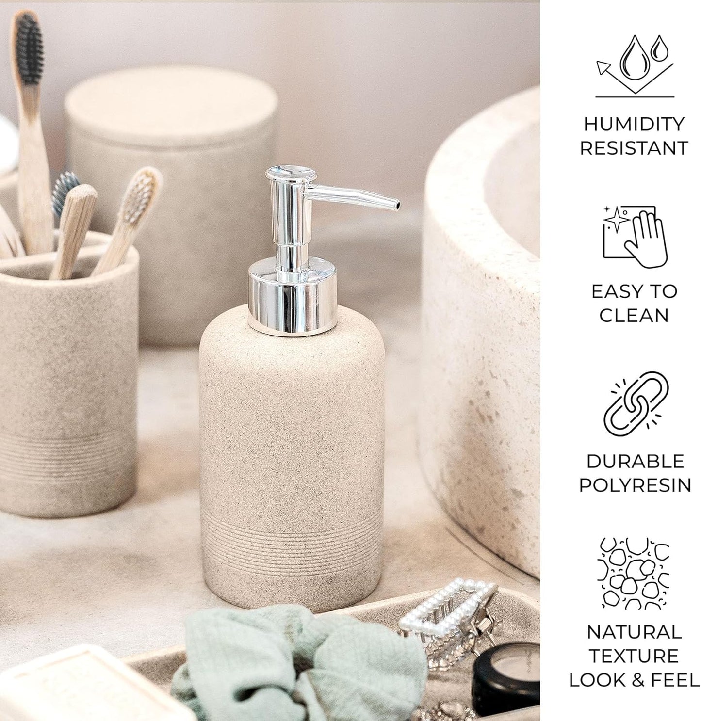 ZCCZ Beige Bathroom Accessories Set 6 Pieces - Toothbrush Holder, Lotion Dispenser, Qtip Container, Vanity Tray, Tumbler - Countertop Organizer for Bathrooms - Elegant and Functional Décor Set