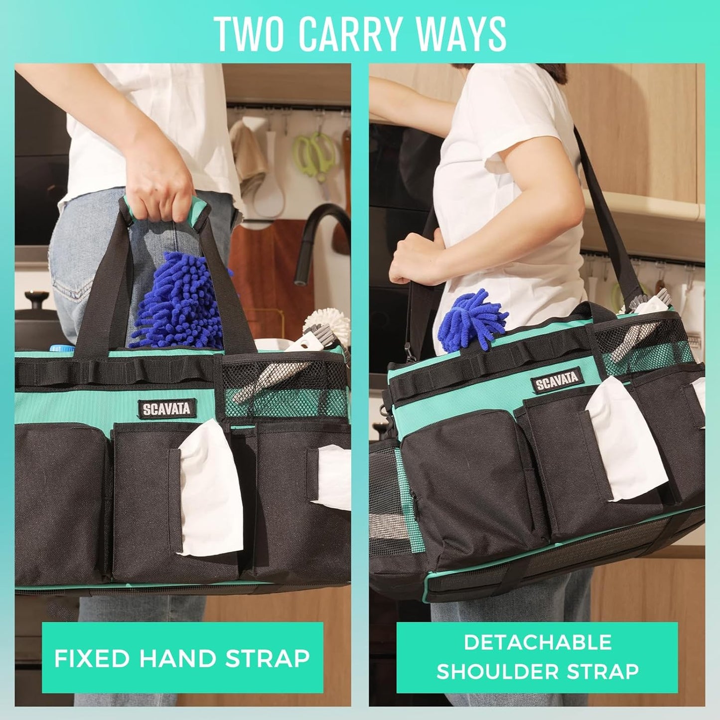 Wearable Cleaning Caddy Bag, Cleaning Caddy Supplies Organizer with Handle & Shoulder Straps for Housekeepers, Under Sink & Car Cleaning Tool Organizers with 4 Foldable Divider (Lake Blue)