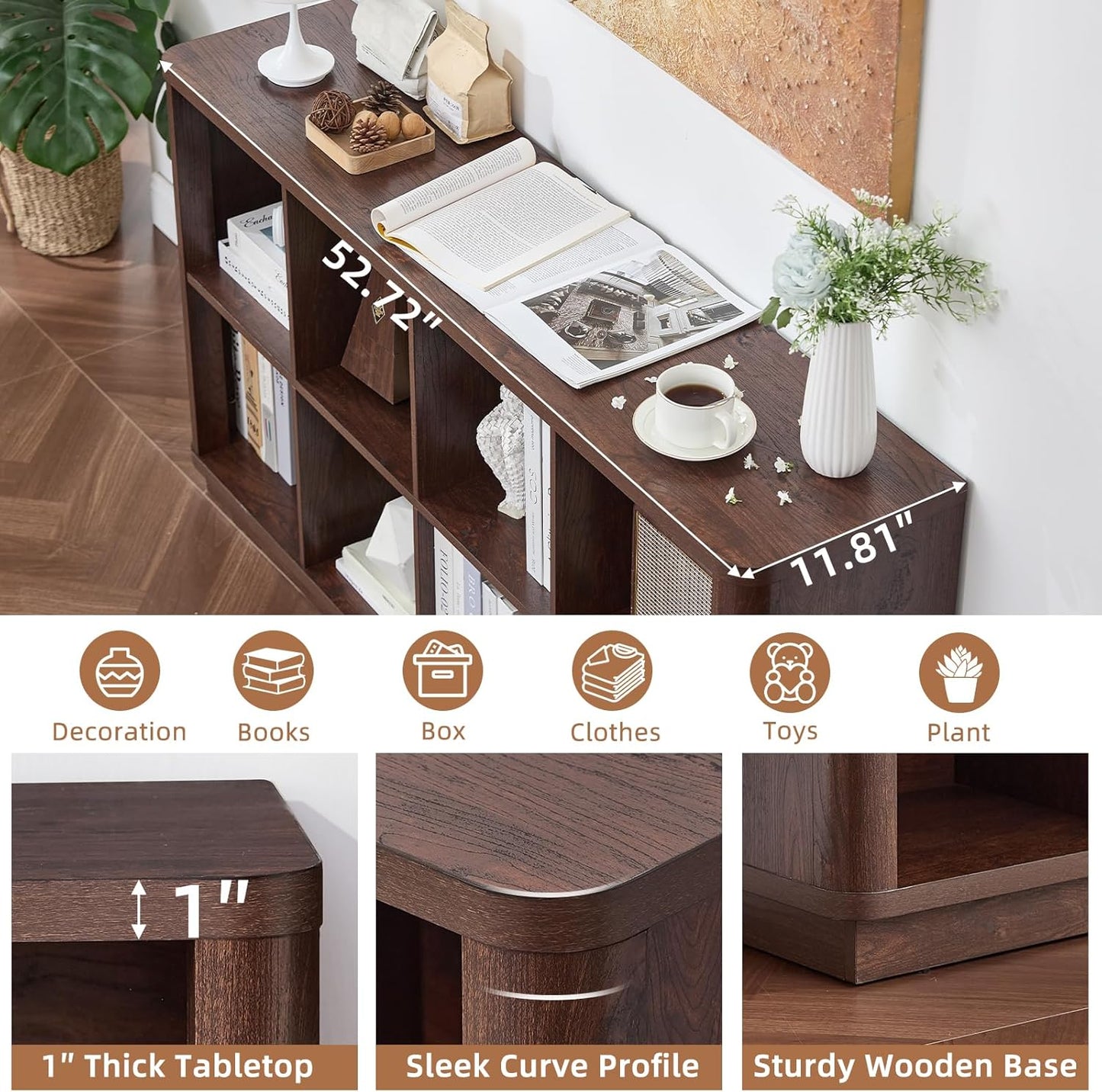 8 Cube Bookcase, 52" Long Horizontal Book Shelf w/Curved Edge, Floor Standing 2-Tier Cubby TV Stand Bookshelf with Wooden Base, Farmhouse Low Storage Cabinet for Living Room, Office, Walnut