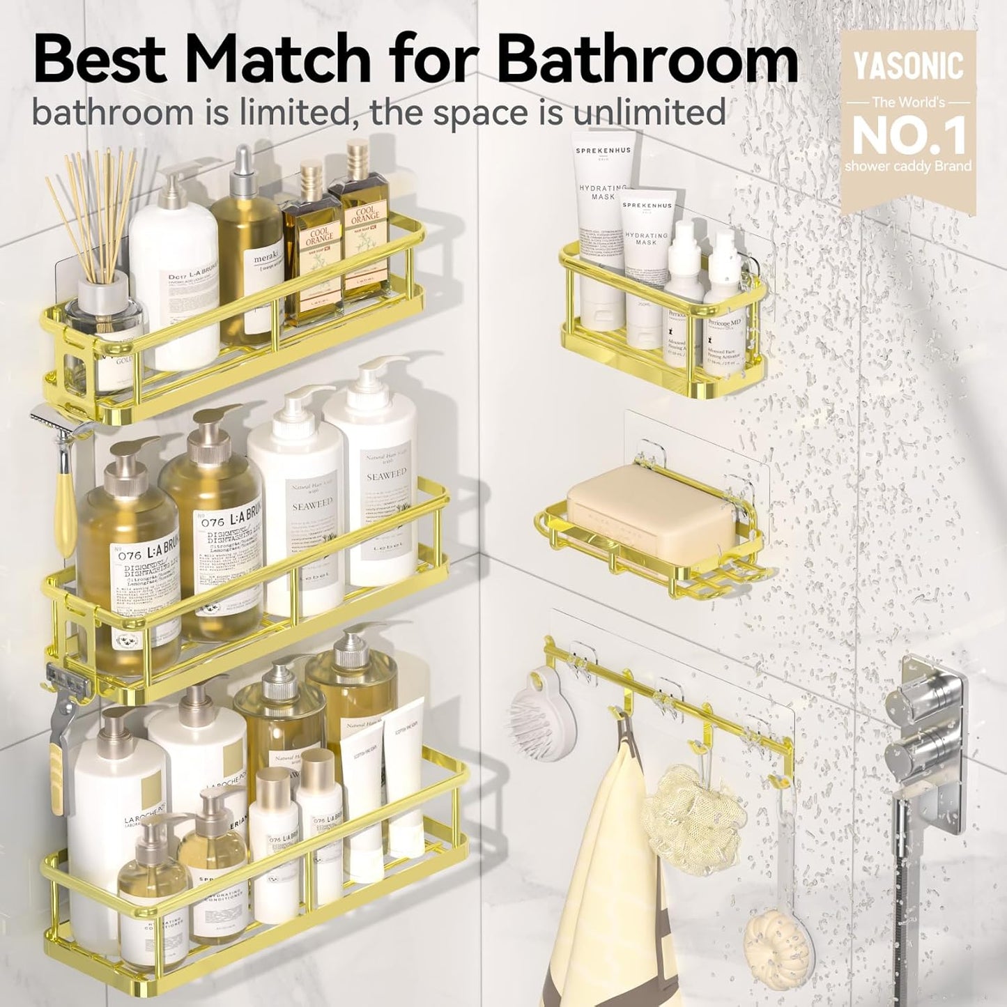 YASONIC Shower Caddy, 6 Pack Large Capacity Bath Organizer with Soap Holder and 12 Hooks, Rustproof Shower Shelves for Inside Shower, No Drilling&Sleek Bathroom Organizers and Storage Gold