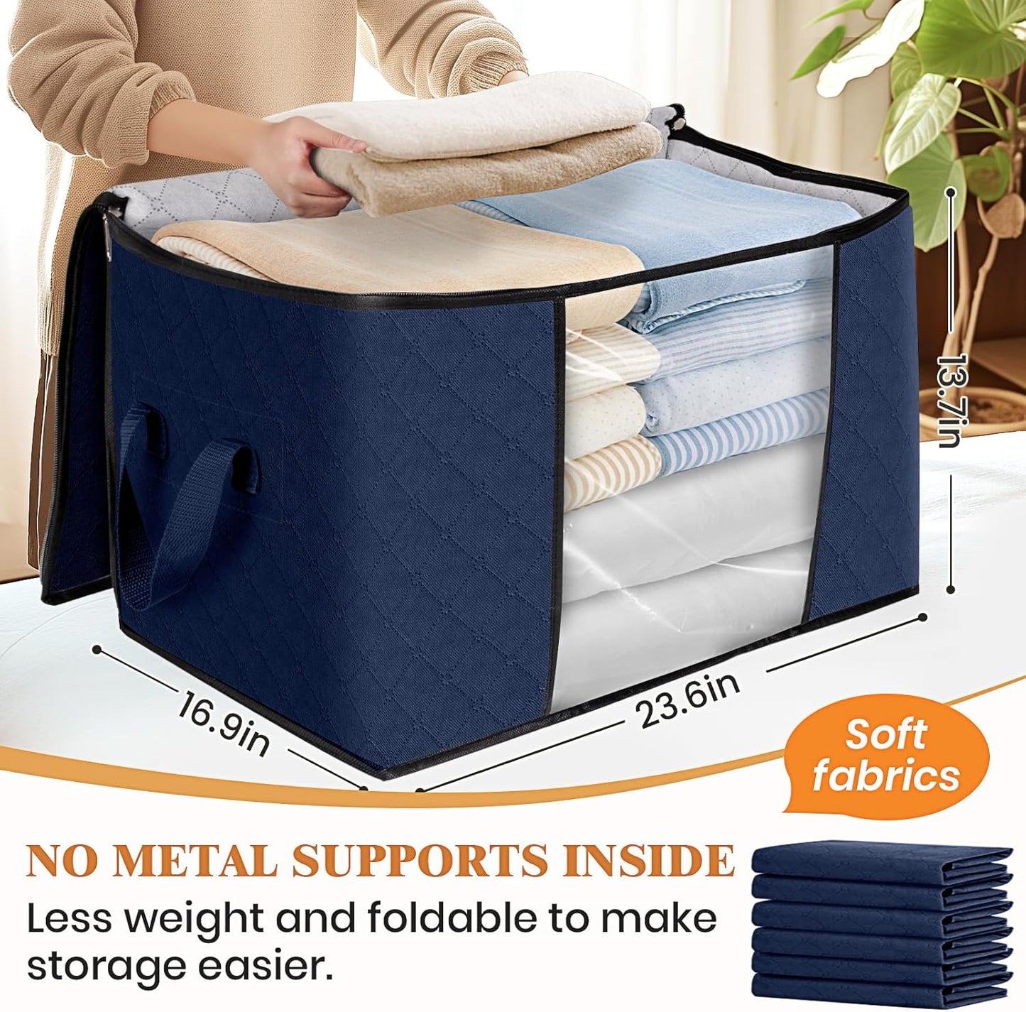 Fab totes 24 Gallons Clothes Storage,Foldable Thick Fabric Blanket Storage Bags,Containers for Organizing Bedroom, Closet, Clothing, Comforter,Organization with Handle (6 Pack,Blue)
