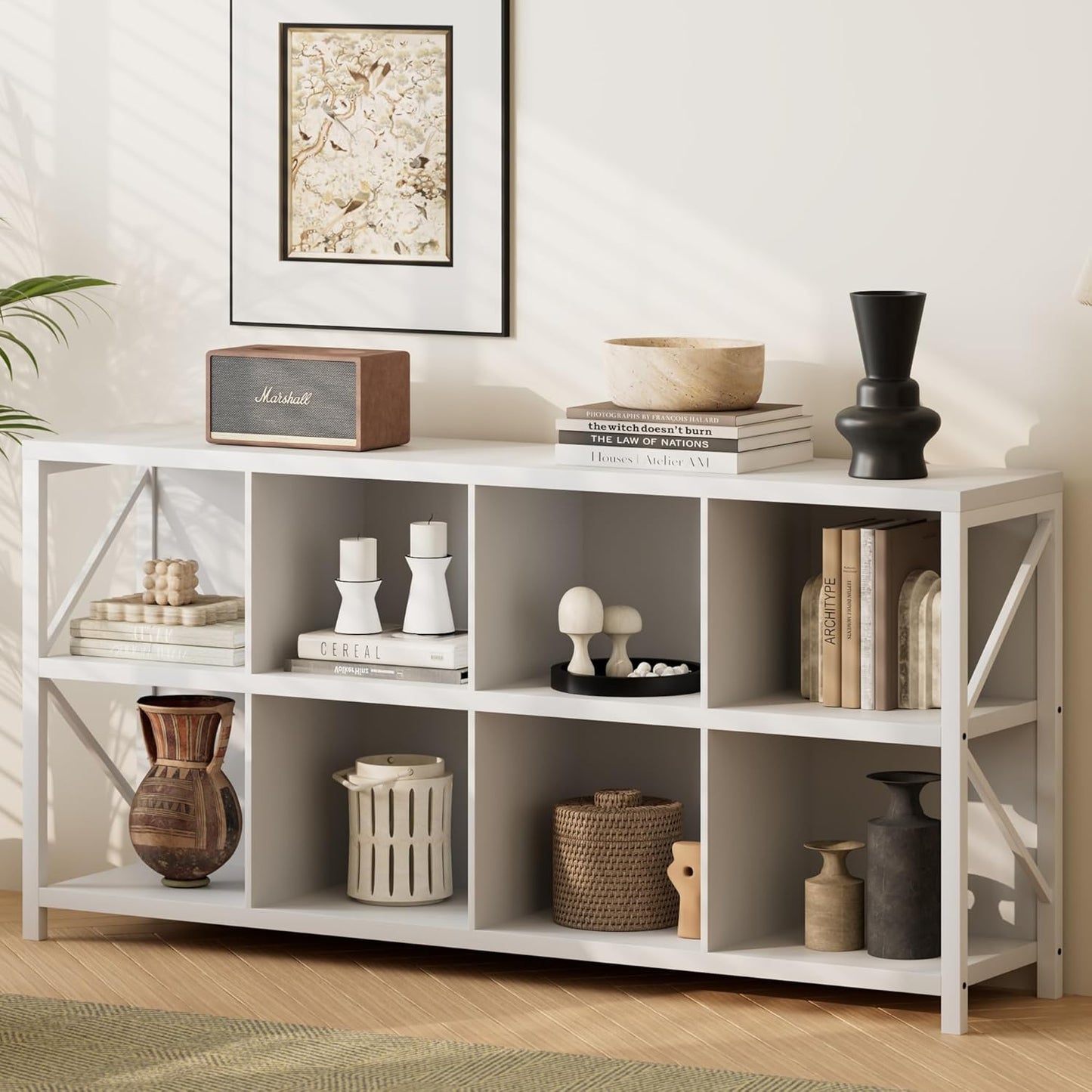 8 Cube Storage Organizer, Industrial Horizontal Bookshelf, Accent Cube Shelf, Corner Bookcase for Living Room, Home Storage, 63 Inches, White