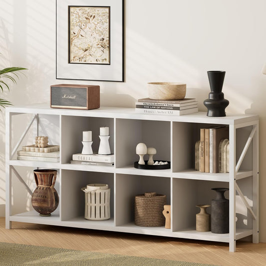 8 Cube Storage Organizer, Industrial Horizontal Bookshelf, Accent Cube Shelf, Corner Bookcase for Living Room, Home Storage, 63 Inches, White