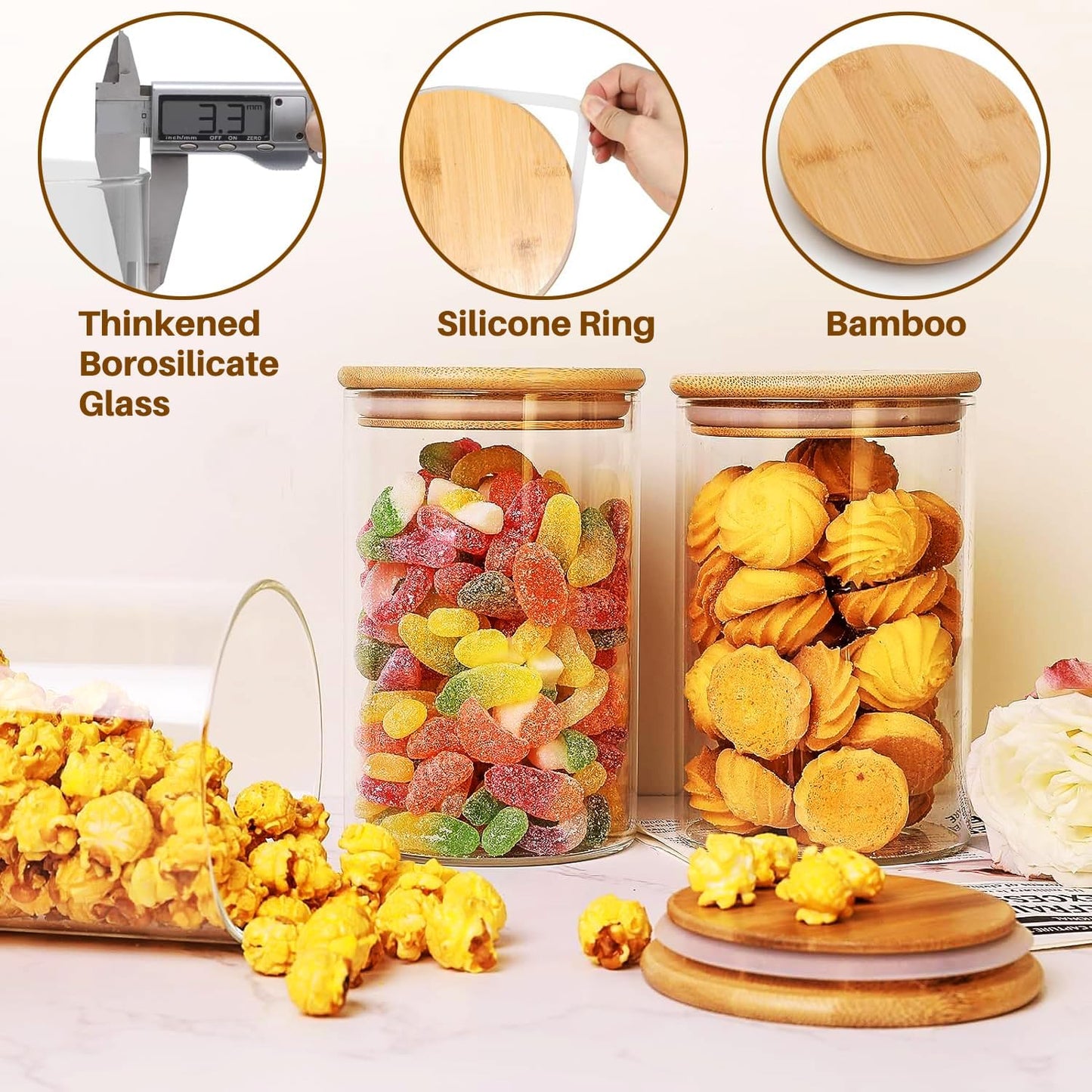 66+37 oz Glass Food Storage Jars with Airtight Lids, Tall Clear Glass Jar with Bamboo Lid, Airtight Food Canister for Pasta, Candy, Coffee, Sugar, Cookie, Snack. (Round | 10+11 Inch)