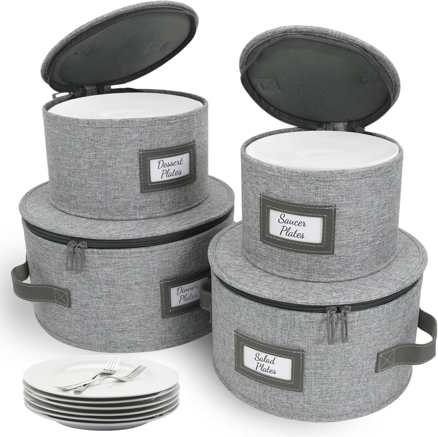 HOMELUX THEORY Plate Storage Box, 4pc Light Gray Hard Shell China Storage Containers with 48 Felt Pads, Kitchen Storage Bins With Lids, Moving Box with Handles for Dishes, Dinner Plate & Platter