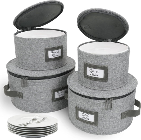 HOMELUX THEORY Plate Storage Box, 4pc Light Gray Hard Shell China Storage Containers with 48 Felt Pads, Kitchen Storage Bins With Lids, Moving Box with Handles for Dishes, Dinner Plate & Platter