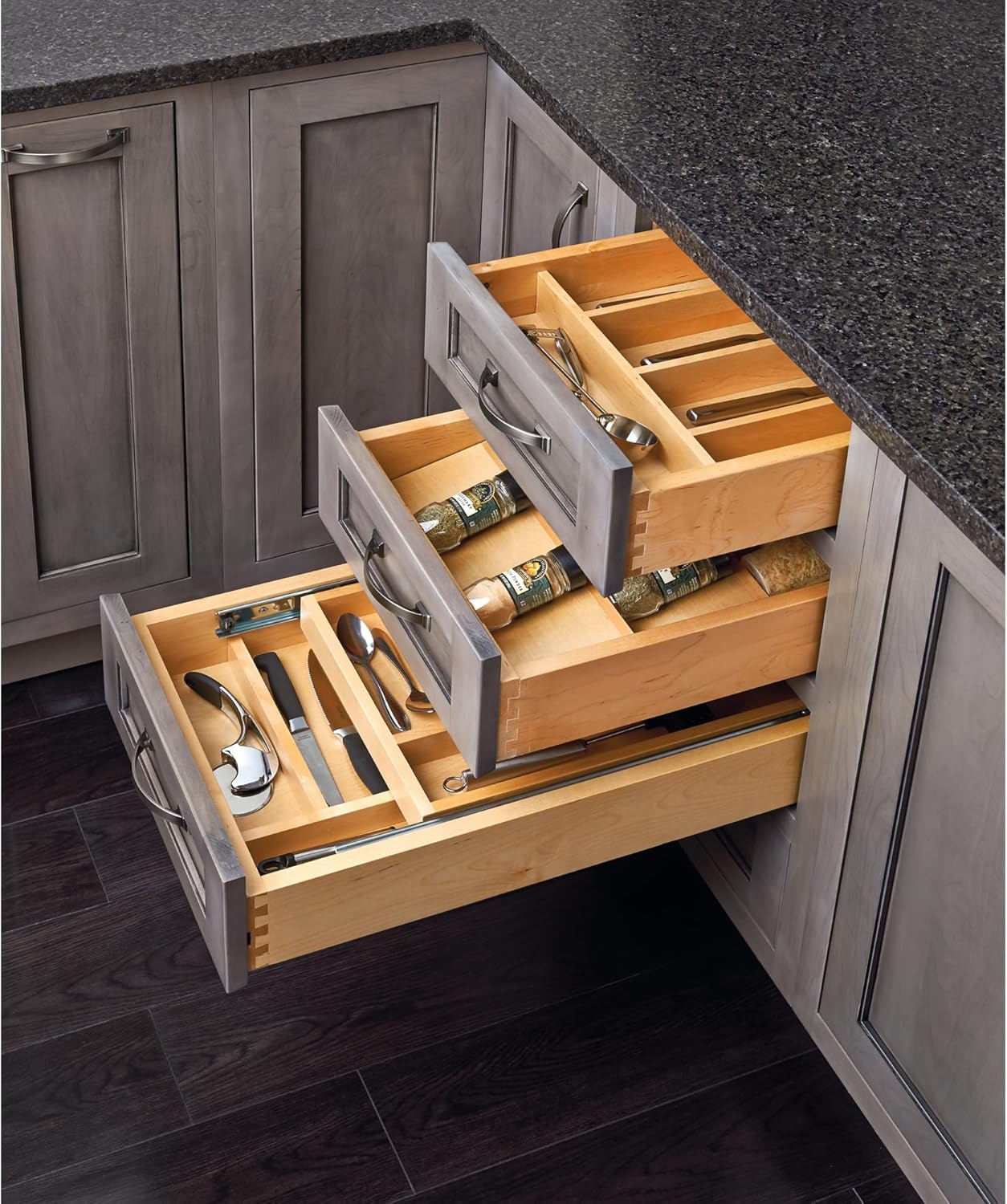 Rev-A-Shelf Trim-to-Fit Silverware Drawer Organizer for Kitchen Utensil Cutlery Cabinet Storage, Natural Maple Wood 9 Compartment Tray Insert, 4WCT-3