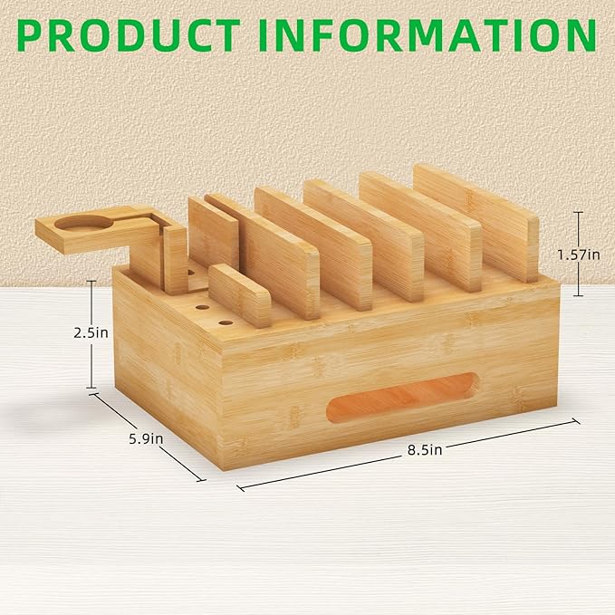 Bamboo Charging Station for Multiple Devices, Desk Wood Docking Station for Phones, Tablets, Watch, Earbuds, Charger Organizer Included 6 Cables & 5-Port USB Charger