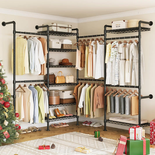 ONBRILL L4 Wall Mounted Industrial Pipe Clothing Rack, Closet Organizer System with 6 Hanging Clothes Rods ( 4 Expandable Rods) & 8 Shelves, Heavy Duty Corner Garment Rack, Large Wardrobe - Black