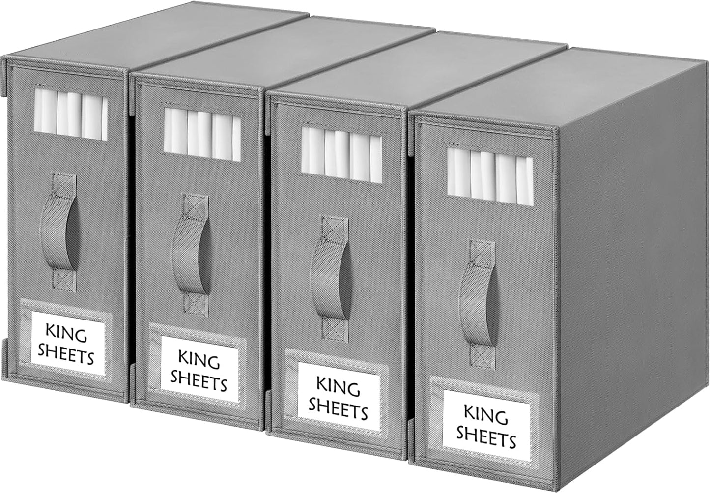 Criusia Bed Sheet Organizers and Storage, 4 Pack Foldable Linen Closet Organizers – Bedding Holder for Sheet Set (King/Queen Sizes), Duvet Covers, Blankets (Grey)