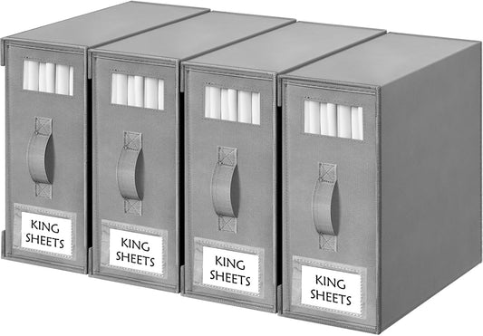 Criusia Bed Sheet Organizers and Storage, 4 Pack Foldable Linen Closet Organizers – Bedding Holder for Sheet Set (King/Queen Sizes), Duvet Covers, Blankets (Grey)