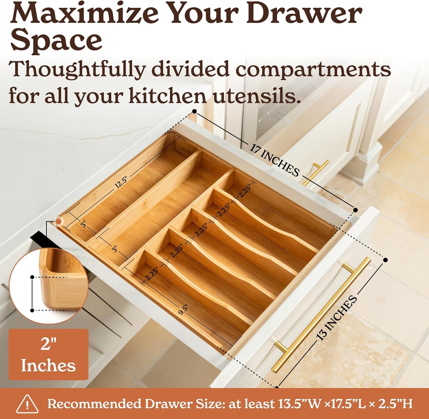 SMIRLY Silverware Drawer Organizer – Bamboo Kitchen Drawer Organizer, Adjustable Utensil Holder and Cutlery Tray, Drawer Dividers for Flatware and Kitchen Utensils