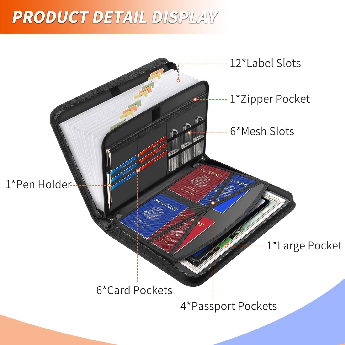 Hontom Accordion File Organizer,13 Pockets Fireproof Expanding File Folder with Multi Pockets,Portable Business Fire Safe Storage Document Organizer Folder with Zipper for Documents and File