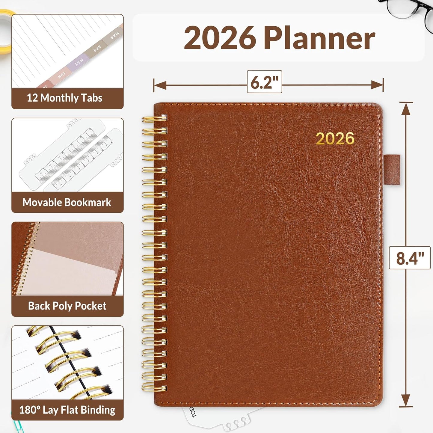 SUNEE 2026 Weekly & Monthly Planner 6.4"x8.5"- 12 Month (January 2026 - December 2026), Vegan Leather Cover, Pocket, Bookmark, Notes, Monthly Tab, Brown