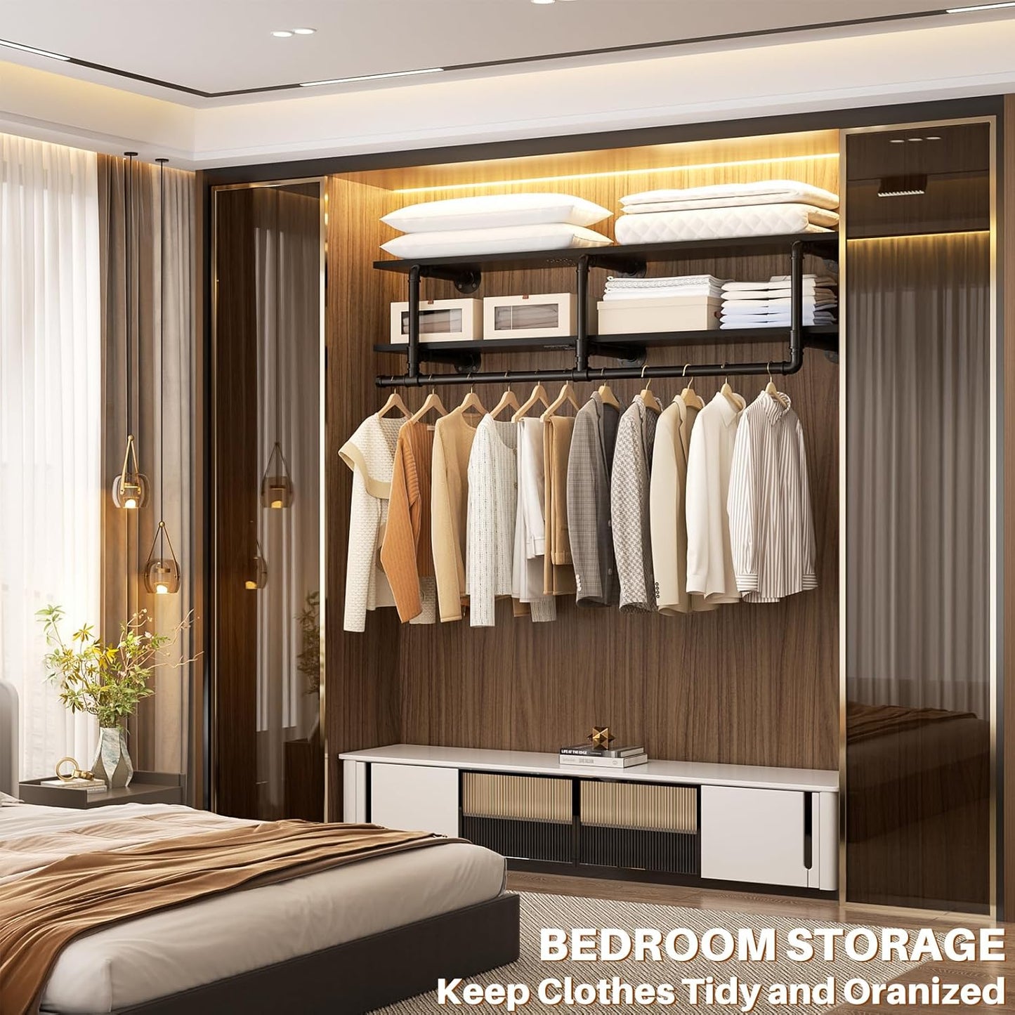 Aheaplus Industrial Pipe Clothes Rack with Top Shelf, 47In Space-Saving Wall Mounted Clothing Rack, 2 Tiers Heavy Duty Pipe Clothing Shelves with Hanging Rod for Laundry Room, Closet Storage, Black