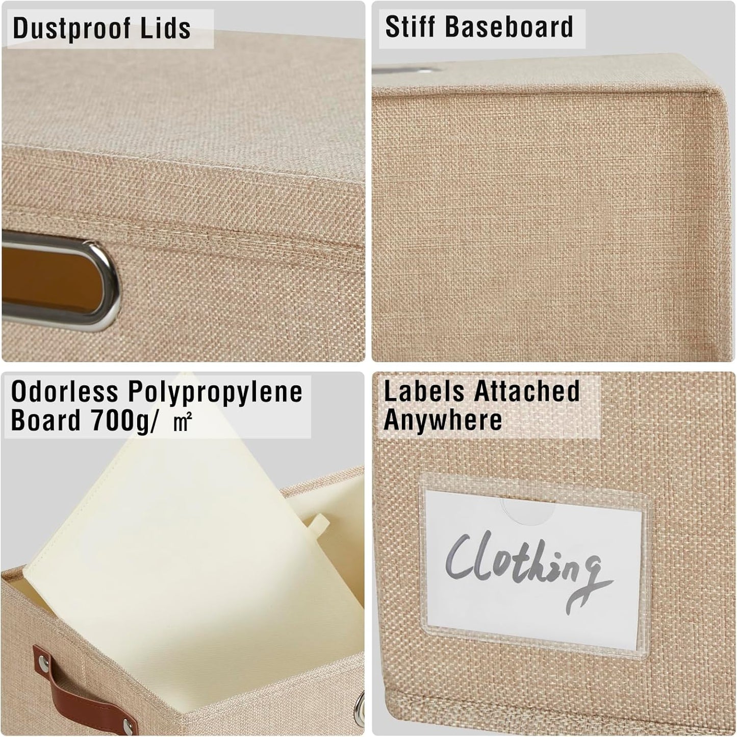 17" Large Collapsible Storage Bins with Lids, Stackable Closet Organizers with PU Handle and Labels, 3-Pack Decorative Fabric Storage Boxes for Home, Bedroom, Closet, Office, Nursery(Khaki)