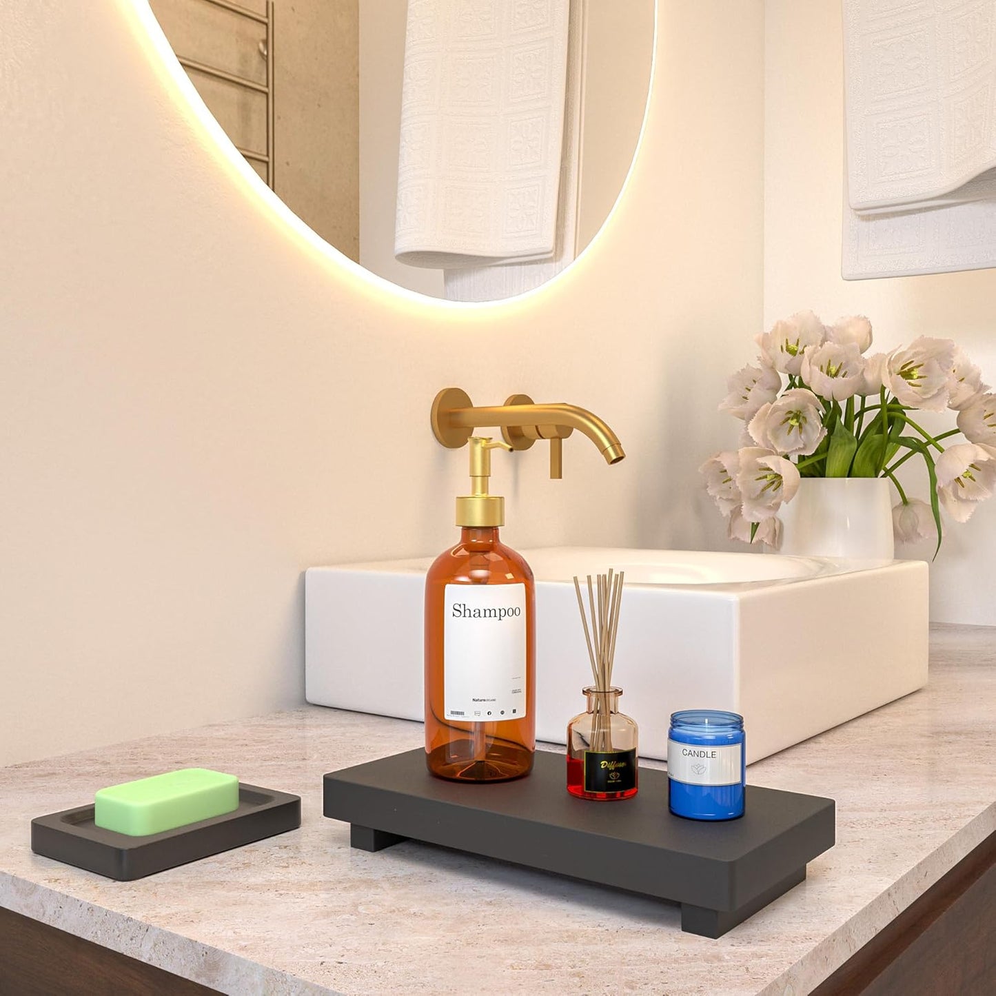 Black Bathroom Tray for Counter - 2 Pcs Matte Black Bathroom Accessories Set, 11” Wooden Riser for Decor, Bamboo Dish Soap Holder, Kitchen Sink Soap Tray, Small Wood Pedestal Stand