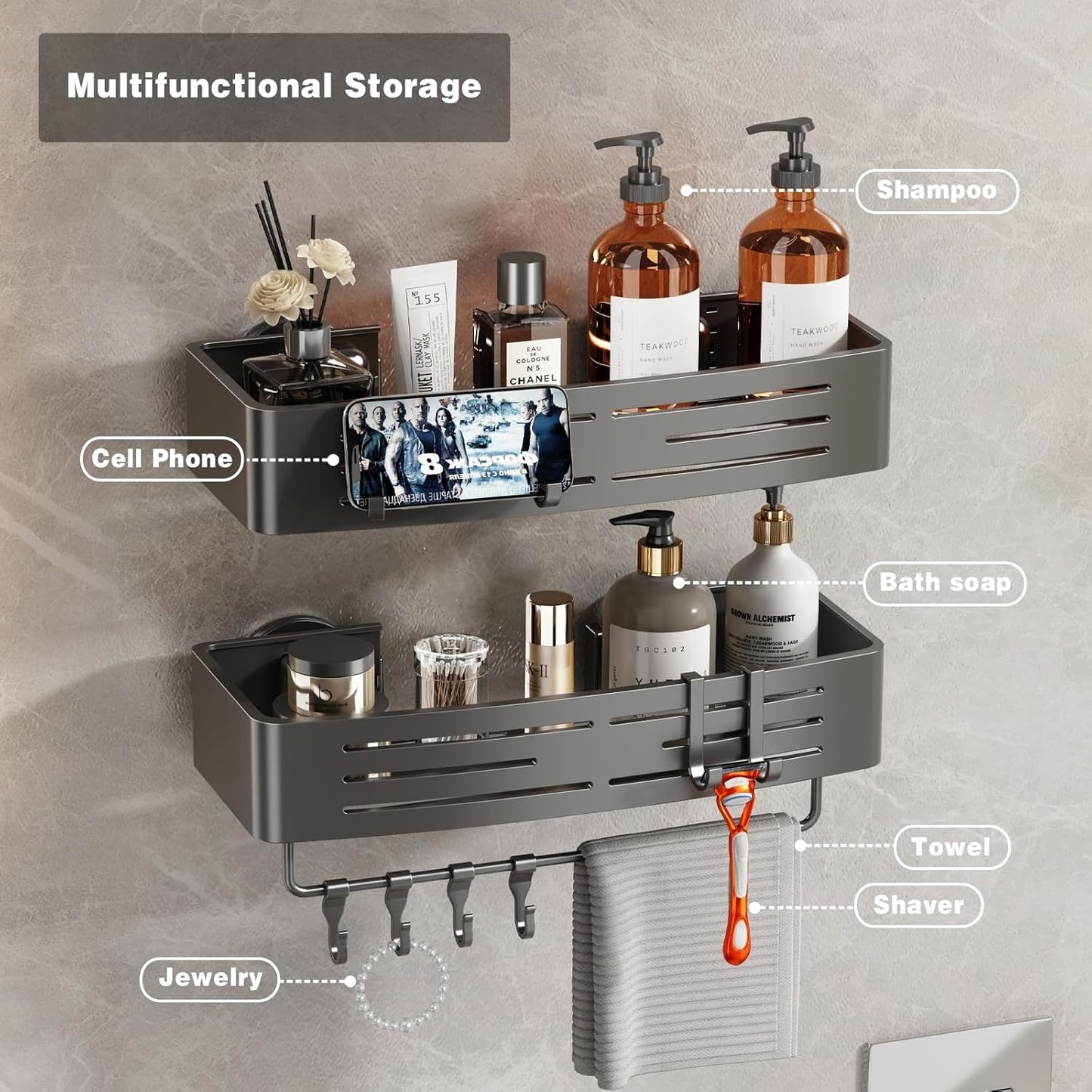 Voldra Shower Caddy Suction Cup, 1 Pack Shower Shelves for Inside Shower No Drilling, Aluminum Suction Showers Organizer with Towel Bar & Hooks Removable Bathroom Shelf Storage Rack(Gray)