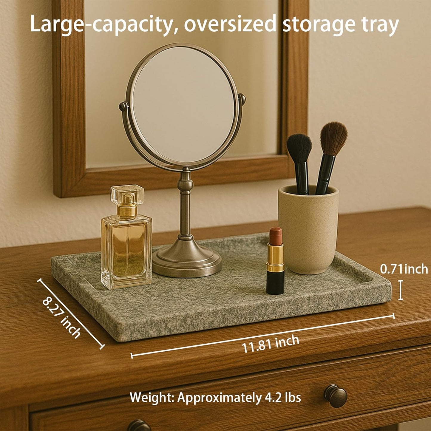 Large Stone Granite Vanity Tray 12 x 8 in - Rectangular Sand-Blasted Non-Slip Organizer with Grooved Edge, Vintage Catchall for Bathroom, Kitchen, Entryway & Bedroom (Imperial Green)