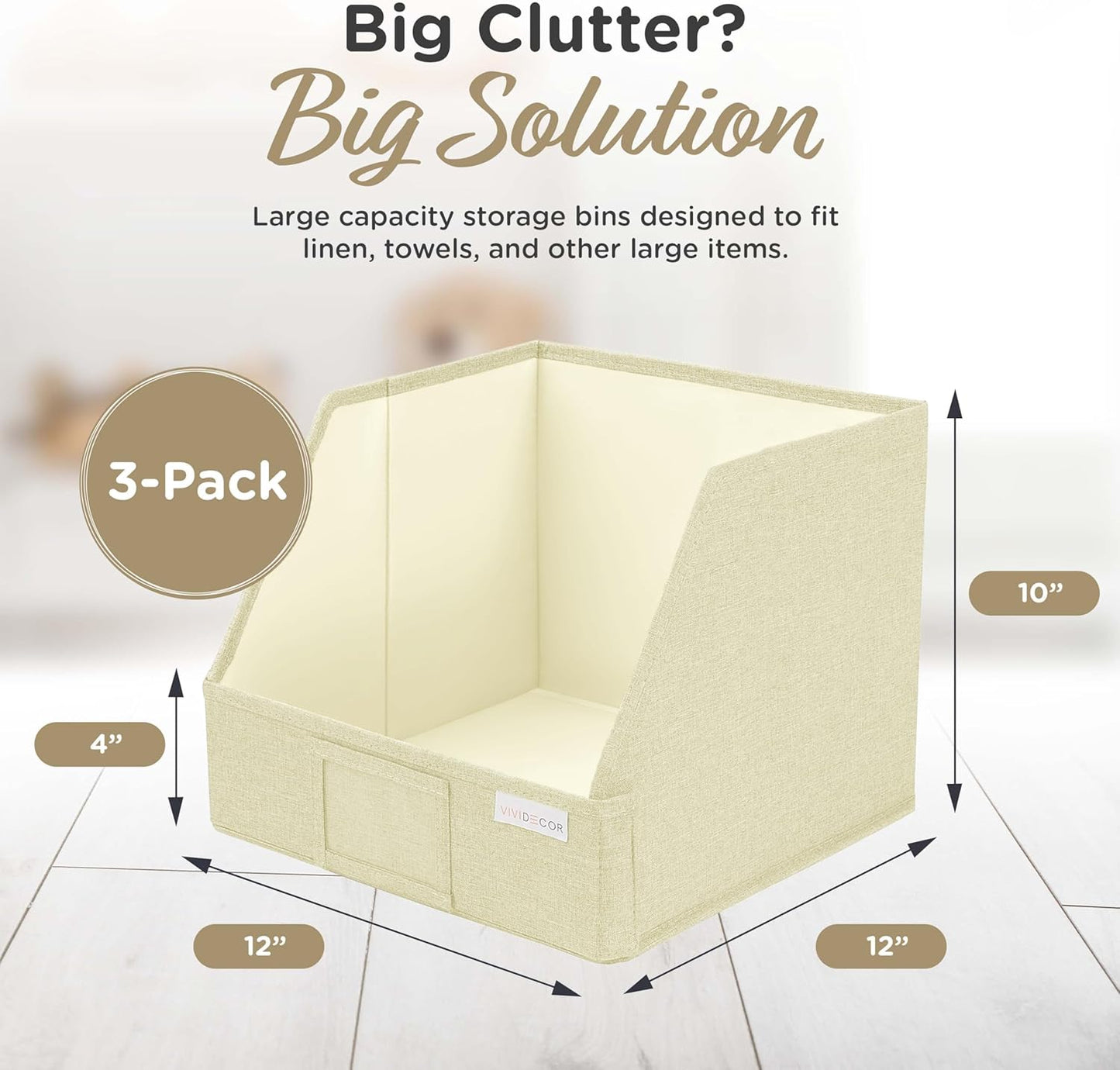Trapezoid Closet Bins for Shelves – 12x12x10 Fabric Storage Baskets, Collapsible Organizer Boxes for Linen, Baby Clothes, Seasonal Storage – Light Beige, 3 Pack