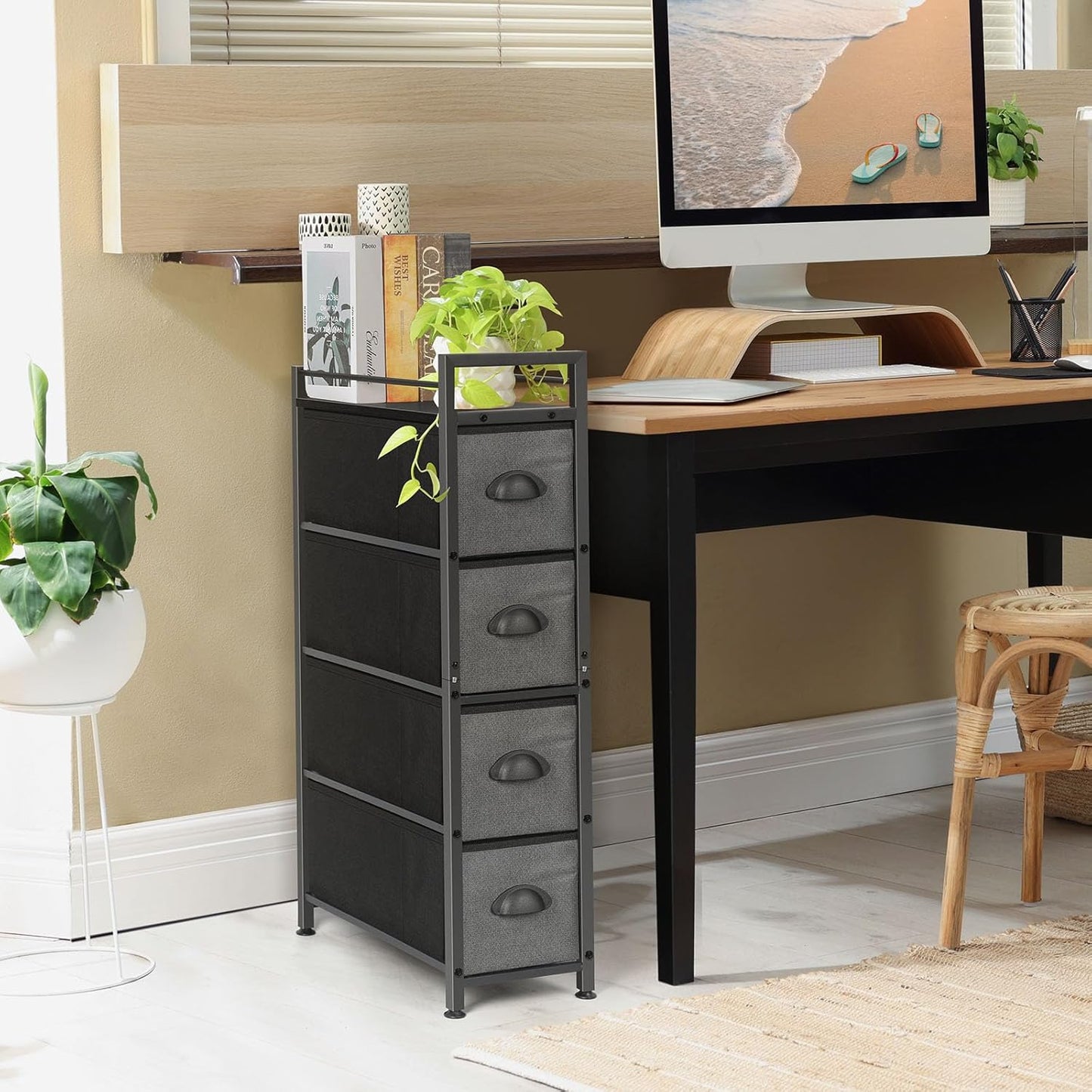 MOOACE Narrow Dresser with 4 Drawers, Dresser for Bedroom, Small Fabric Dresser Vertical Storage Tower Standing, Steel Frame & Wooden Top Chest of Drawers for Bedroom, Bathroom & Laundry, Black/Gray