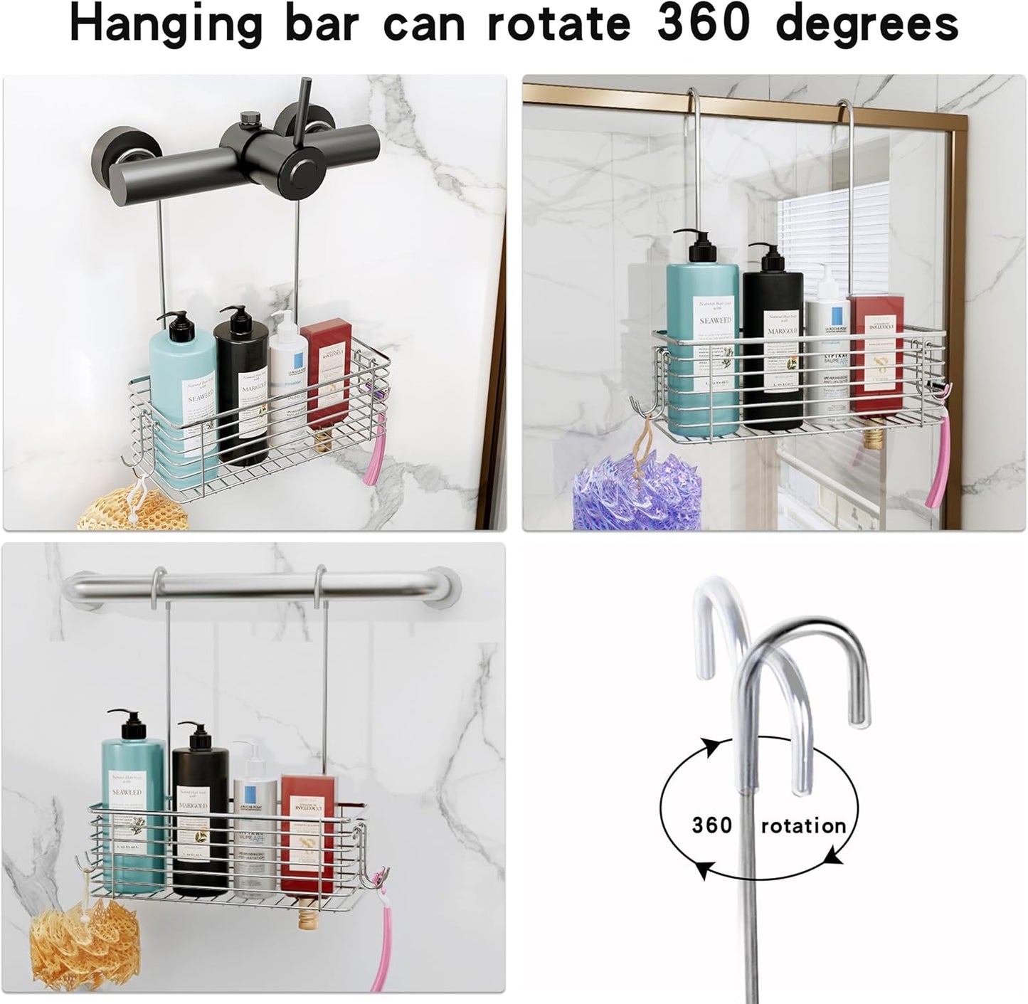 YQh hanging shower rack, bathroom storage rack, shampoo bracket, the back hook can be rotated, and can be hung on the faucet or Claw foot bathtubcross bar, 304 stainless steel rust proof and durable