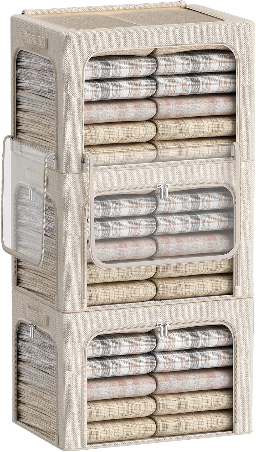 3 Openings Clothes Storage Bins Box - 3Pack Stackable Foldable Storage Bin - Metal Frame Storage Box Clothing Storage Organizer with Clear Window, Carry Handles (Beige, 100L-23.6x16.5x15.7in)