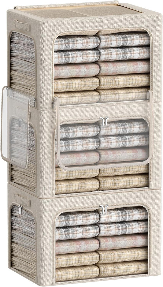 3 Openings Clothes Storage Bins Box - 3Pack Stackable Foldable Storage Bin - Metal Frame Storage Box Clothing Storage Organizer with Clear Window, Carry Handles (Beige, 100L-23.6x16.5x15.7in)