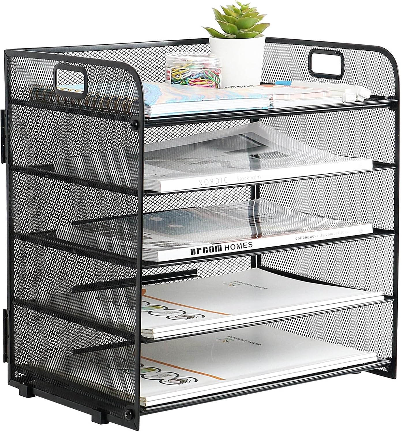 Metal Mesh Desk Organizer, 5 Compartments, Large Capacity, Holes to Handle It, Rounded Corners, Non-Slip, Anti Rust, Hinge Design
