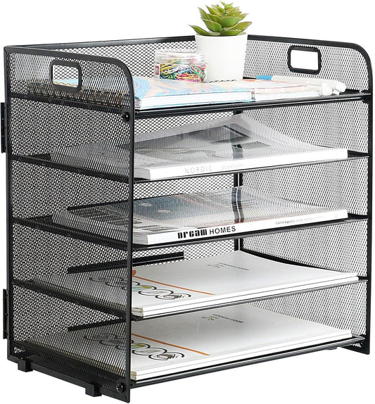 Metal Mesh Desk Organizer, 5 Compartments, Large Capacity, Holes to Handle It, Rounded Corners, Non-Slip, Anti Rust, Hinge Design