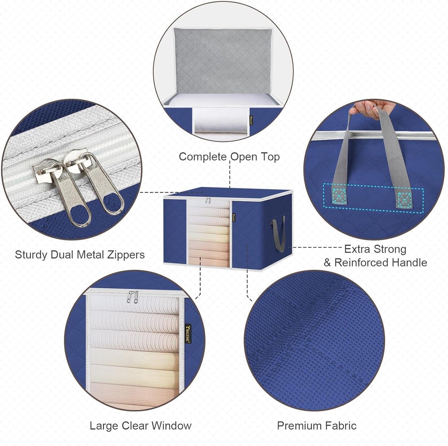 BALEINE 4 Pack Clothes Storage Bags, 24 Gallon Storage Containers with Reinforced Handle, Sturdy Zipper, Closet Organizer for Blanket, Comforter, Pillow, Bedding (Blue, 4 Pack)