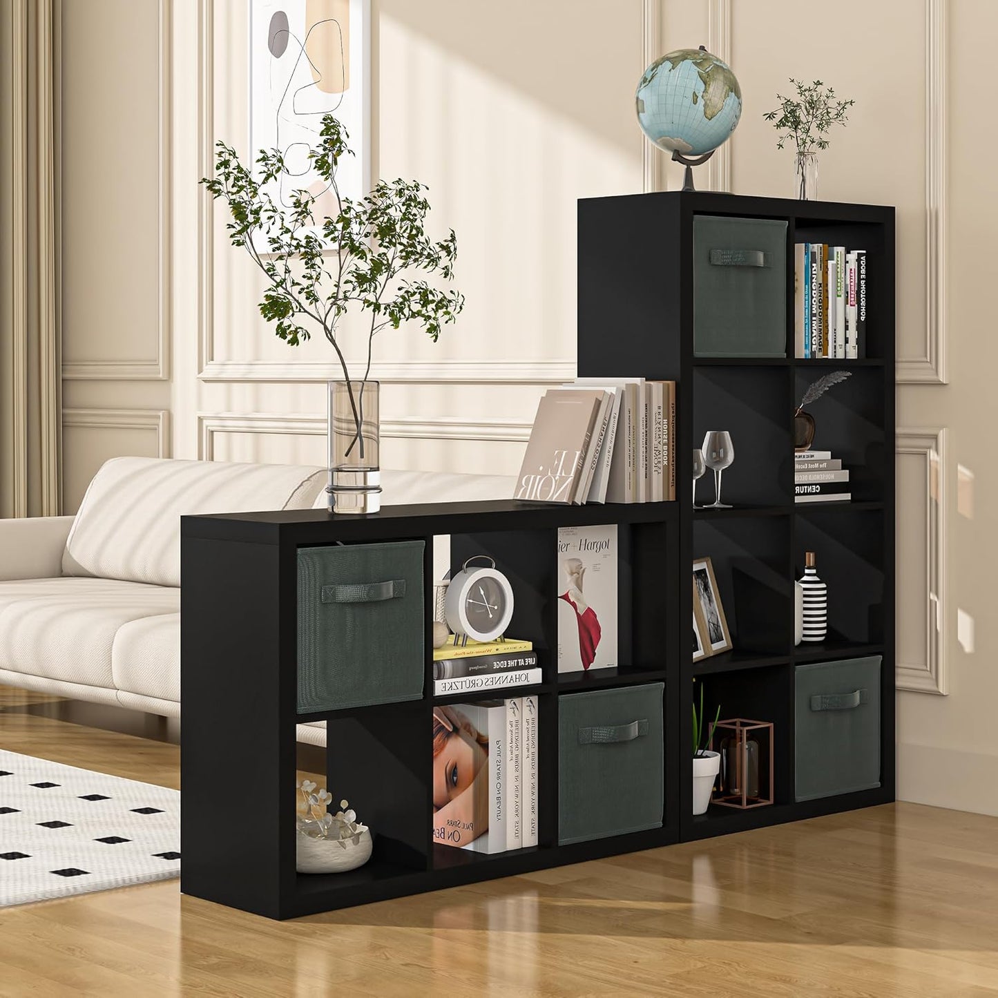 Bookshelf with Storage Bin, 4-Cube Storage Organizer, Modern Wood Open Bookcase, Multifunctional Display Shelf for Living Room, Bedroom, Home Office, Black