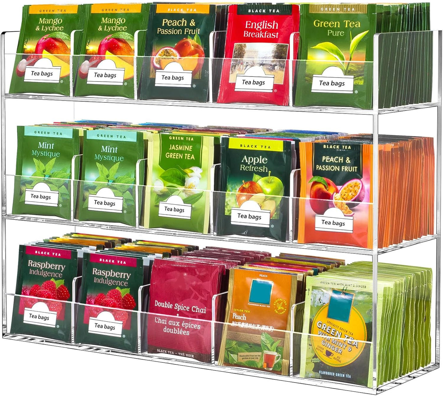 BEYGORM Acrylic Tea Bag Organizer for 270 Tea Packets, No Assembly Required Display Holder for Countertop, Vertical Tea Bag Caddy for Cabinet, Tea bar Accessories, Teabags Storage Containers