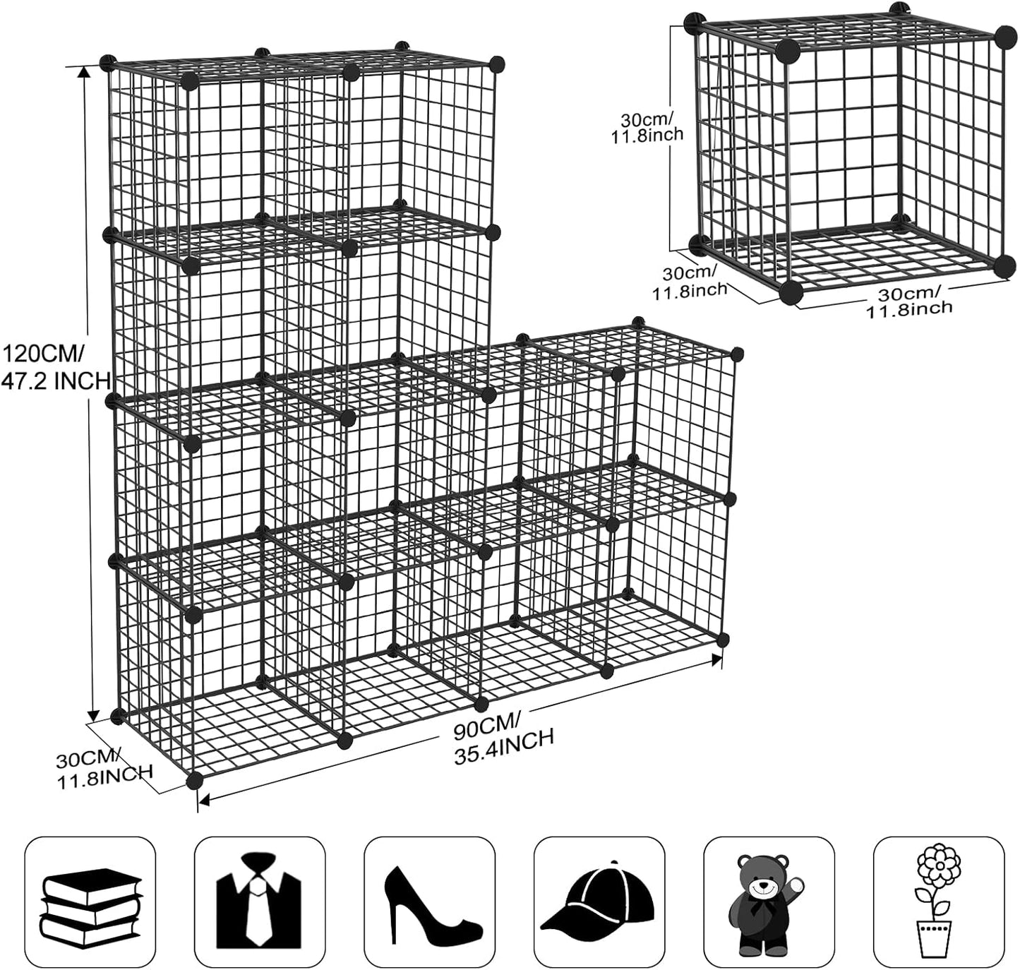 TUMUCUTE Wire Storage Cubes, Metal Storage Shelves Bookshelf, Stackable Modular Closet Organizer for Bedroom Living Room, Office, Black (12 Cubes, Iron)