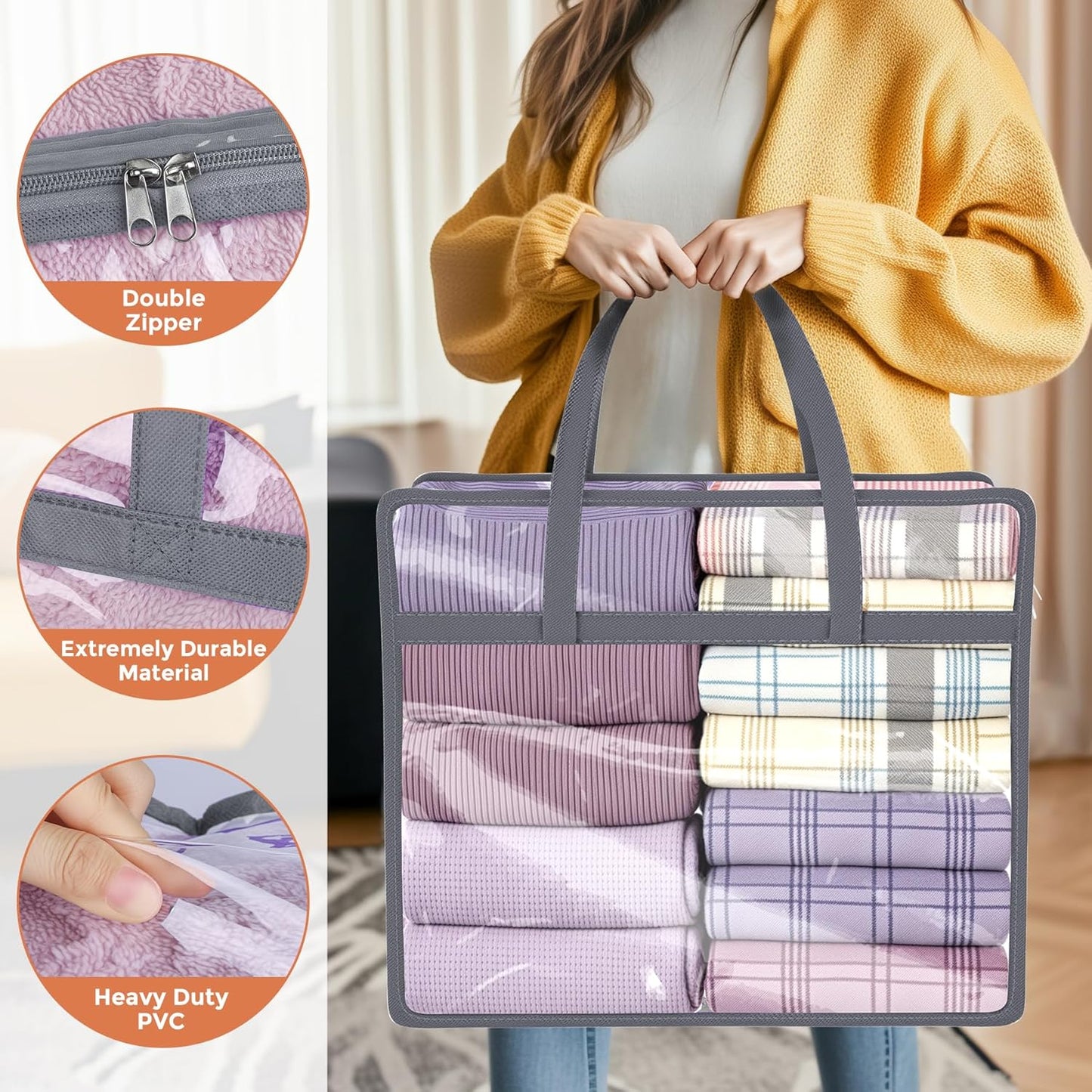 Budding Joy 6 Pack Clear Zippered Storage Bags for Clothes,40L Closet Organizers and Storage Containers Vinyl Moving Bag for Bedding, Linen, Blankets, Comforters, Clothing & Toys, Grey