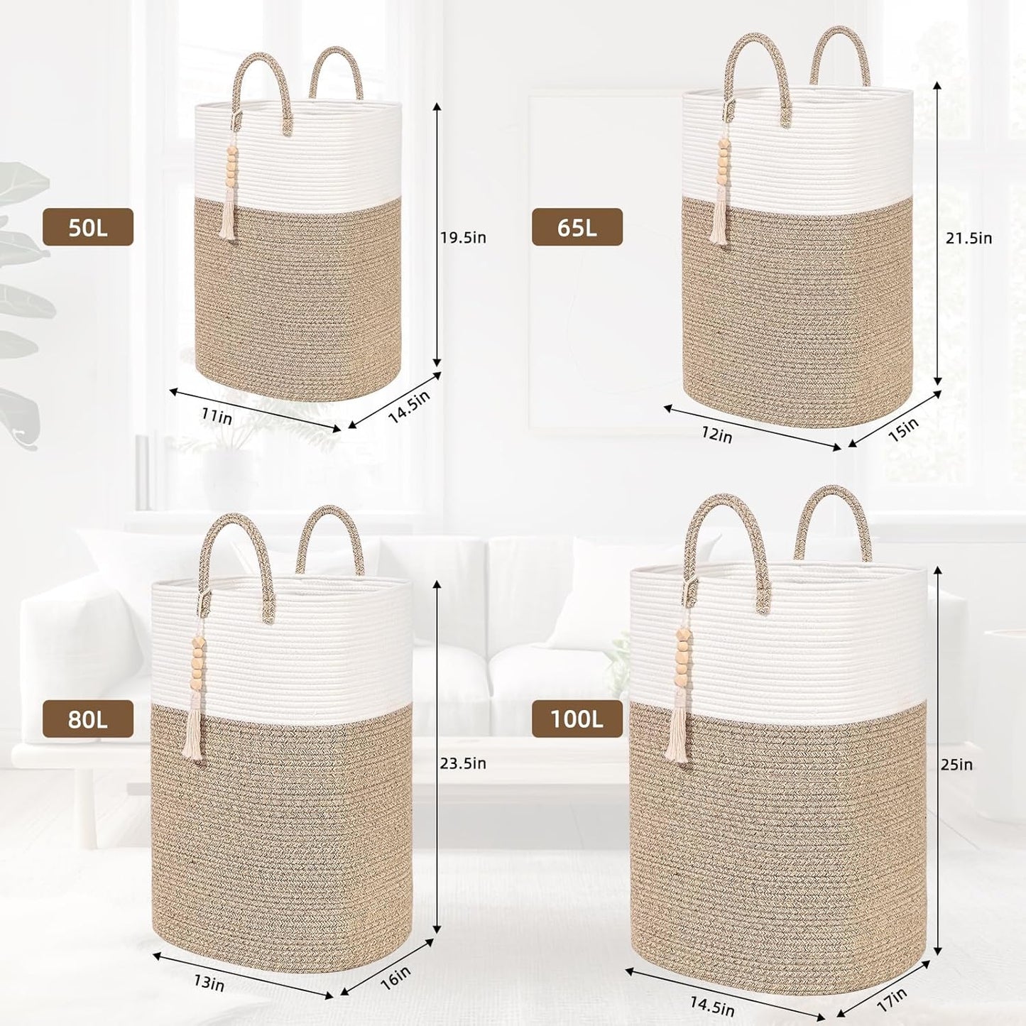 65L Woven Laundry Basket for Clothes, Large Rectangle Laundry Hampers with Beads Tassel, Nursery Storage Basket for Toys, Tall Dirty Clothes Hamper for Bedroom Aesthetic, Laundry Room Organization