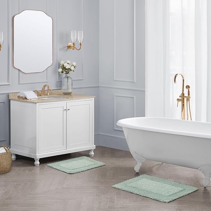Laura Ashley Ruffle Border 100% Cotton Bath Rug Set, Sage Green, 17" x 24"/ 20" x 32"