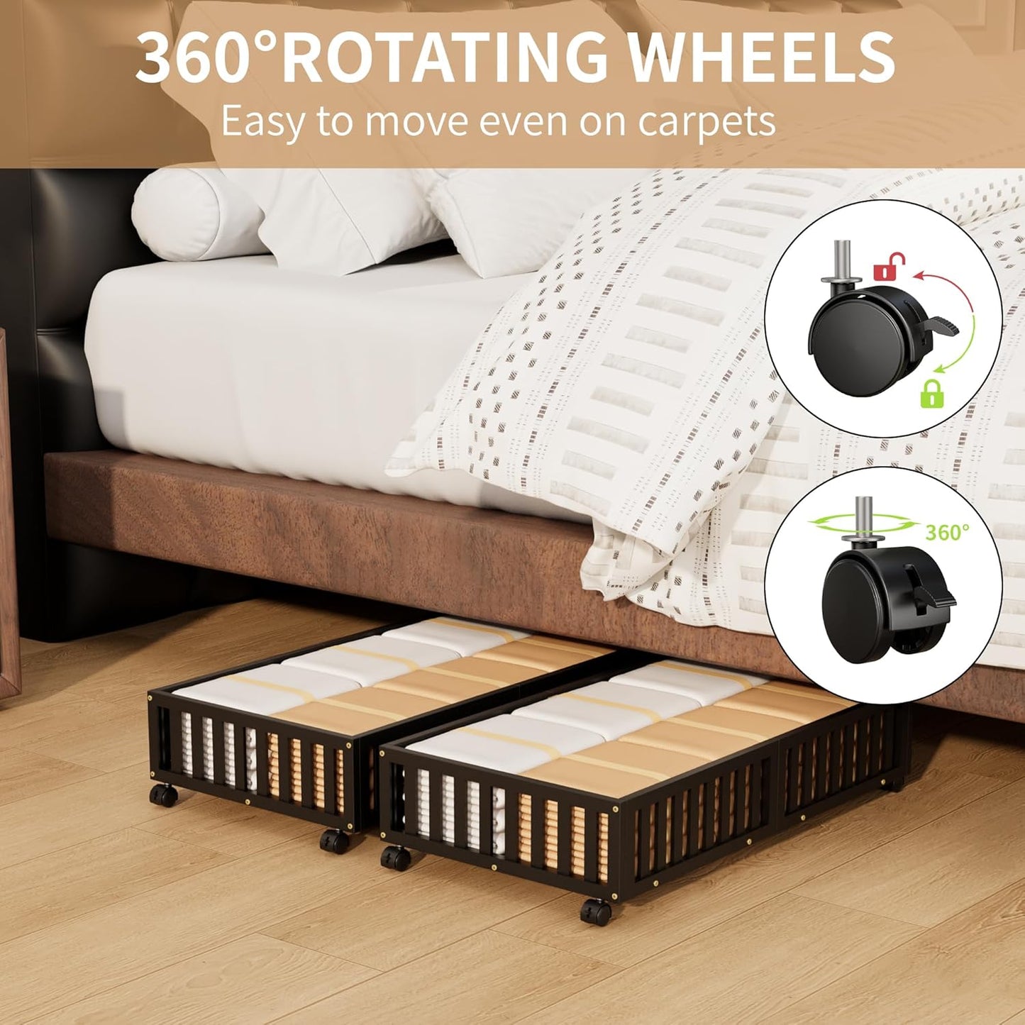 Bamboo Under Bed Storage with Wheels (2-Pack) – Rolling Underbed Shoe Organizer Box for Shoes, Blankets, Toys, Clothes Container Space-Saving Organizer Bins for Bedroom, Closet, Dorm, Nursery