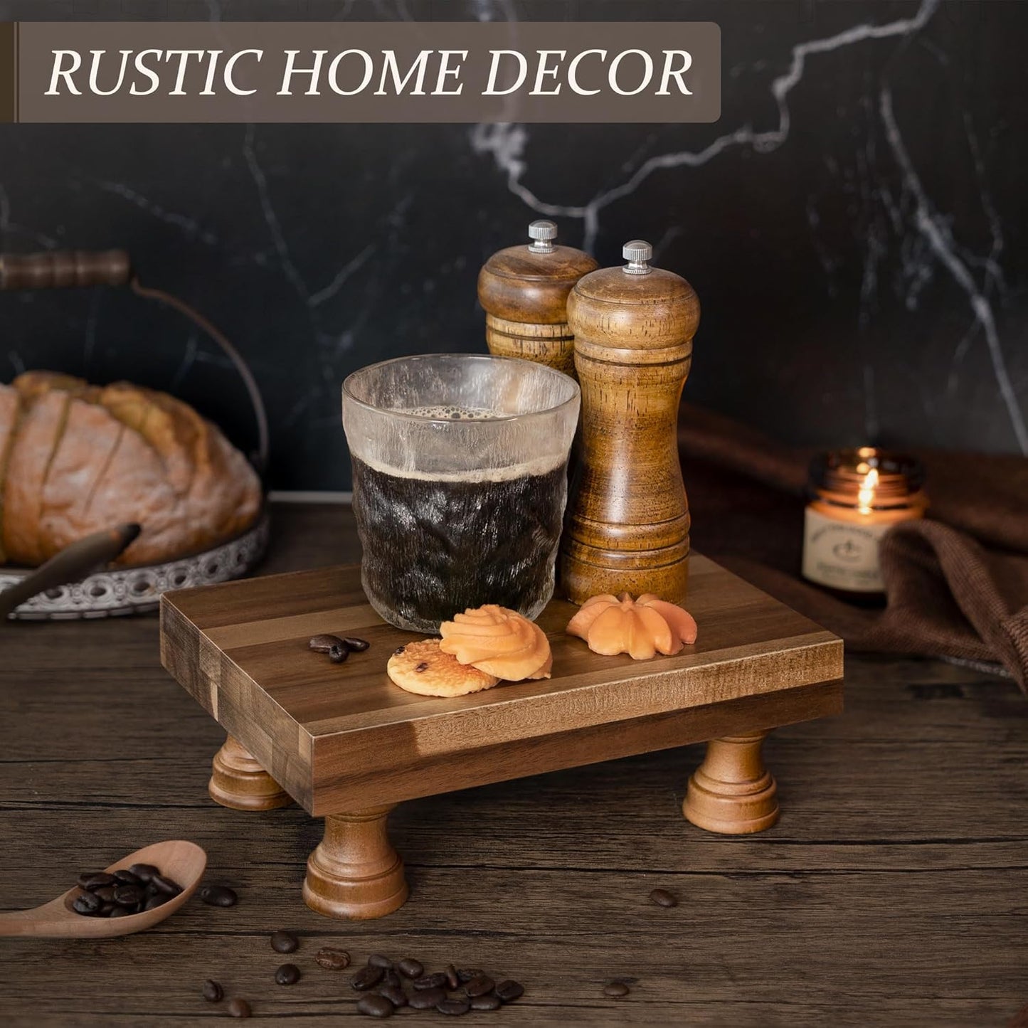 EOSAHR Farmhouse Wooden Riser for Display : Decorative Pedestal Stand for Kitchen Decor and Perfume Tray for Bathroom Counter Organizer - The Home Decor for Apartment Essentials (Acacia Wood)